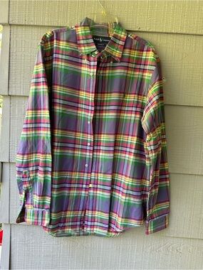 Ralph Lauren Custom Fit Plaid Preppy Colorful Button Front Cotton Oxford Shirt~L